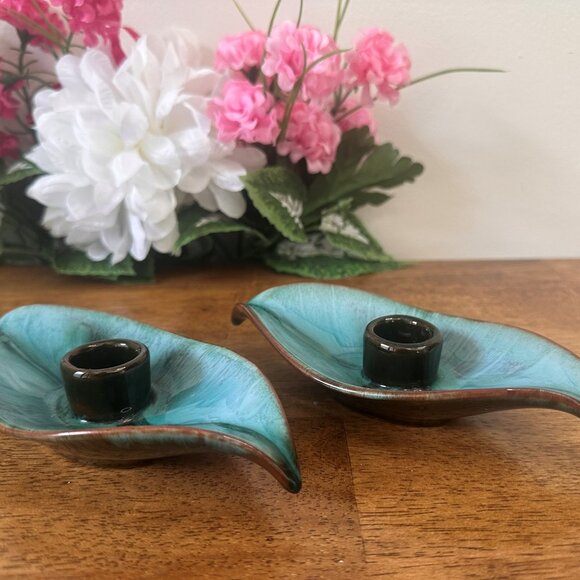 Vintage Blue Mountain Pottery Leaf Candle Holders Canadian Drip Glaze Midcentury - Picture 1 of 6